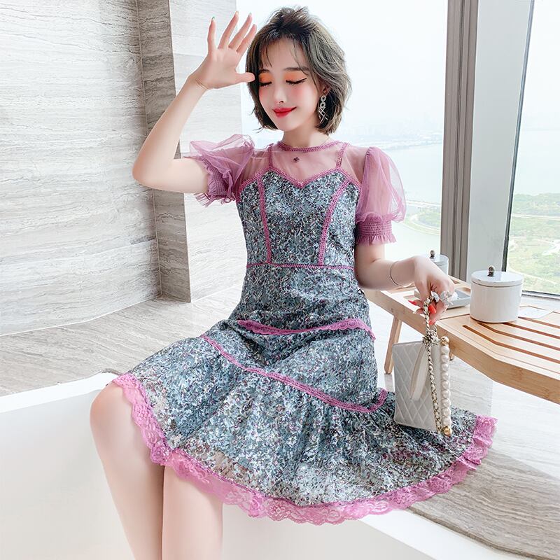 メッシュラウンドネックレーストップス ウェストドレス スプリングサマー 春物 夏物 Oネック ステッチ MIUCO16990753366