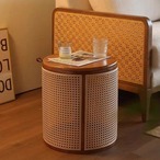 サイドテーブル リビングルーム モダン ラウンド コーヒーテーブル センターテーブル オフィス 多目的エンドテーブル 手織りデザイン 木製 蓋付き 収納 おしゃれ 北欧