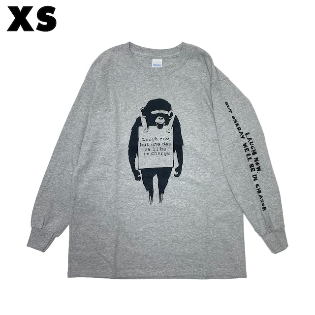 【XS】バンクシー モンキー 「BANKSY」「LAUGH NOW MONKEY」リブ ロンT 長袖Tシャツ (袖プリント) / banksy-lstee-monkey / OL-R