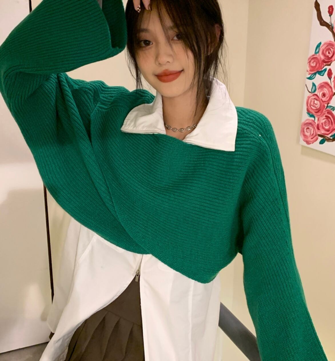 韓国っぽ こなれコーデ 3点セット クロップド丈 カシュクールニット ロングシャツ プリーツ ミニスカート Lamitte Deco トレンド 韓国ファッション ショップ Base店