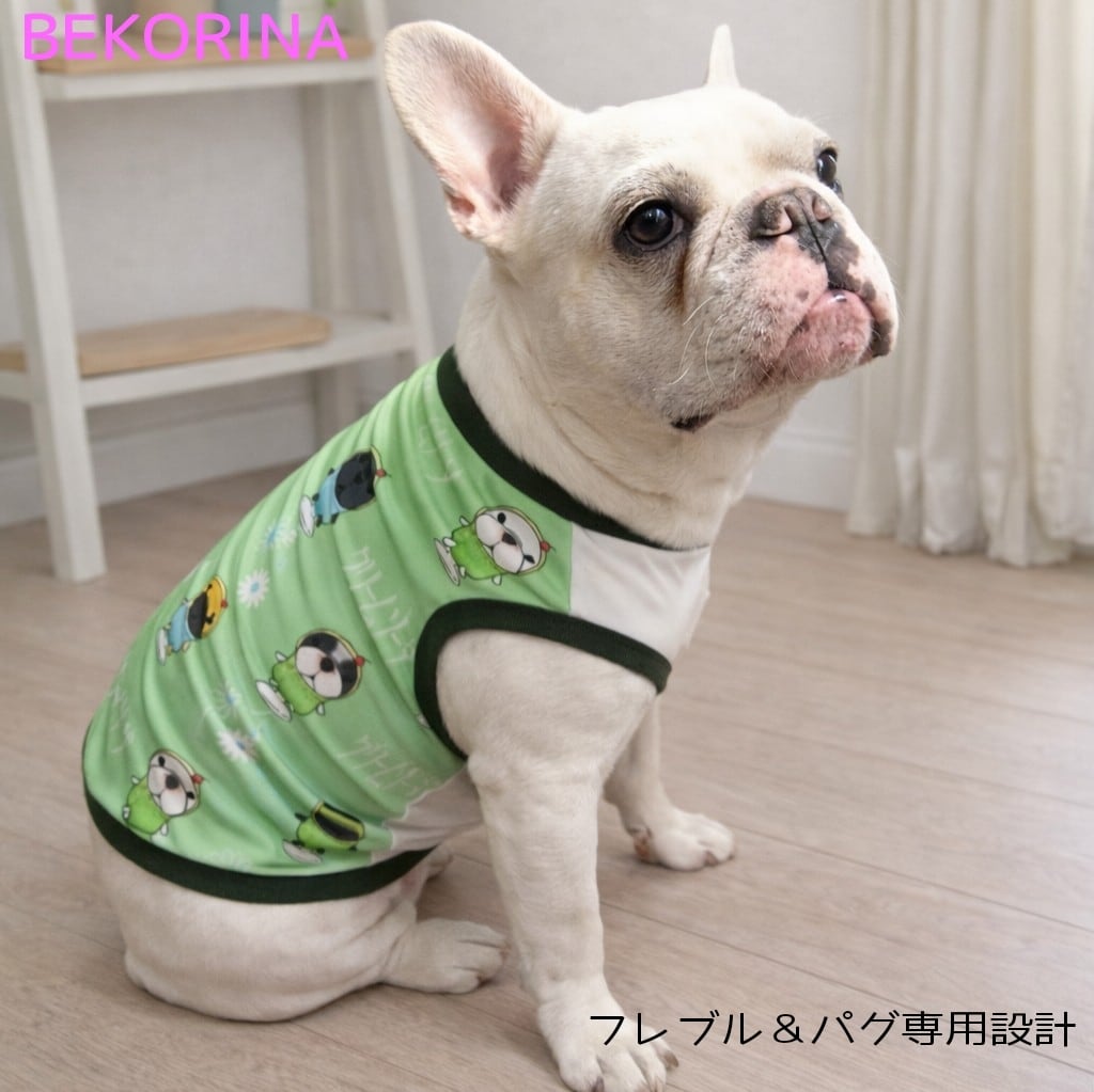 ハンドメイドフレブル　パグ服　　ひんやりレトロタンク　　かーふママ ずり落ちない♡昭和レトロなタイル風カラフル花柄タンク フレンチ