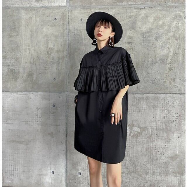 シャツワンピース モード レディース 半袖 プリーツ シャツ 個性的