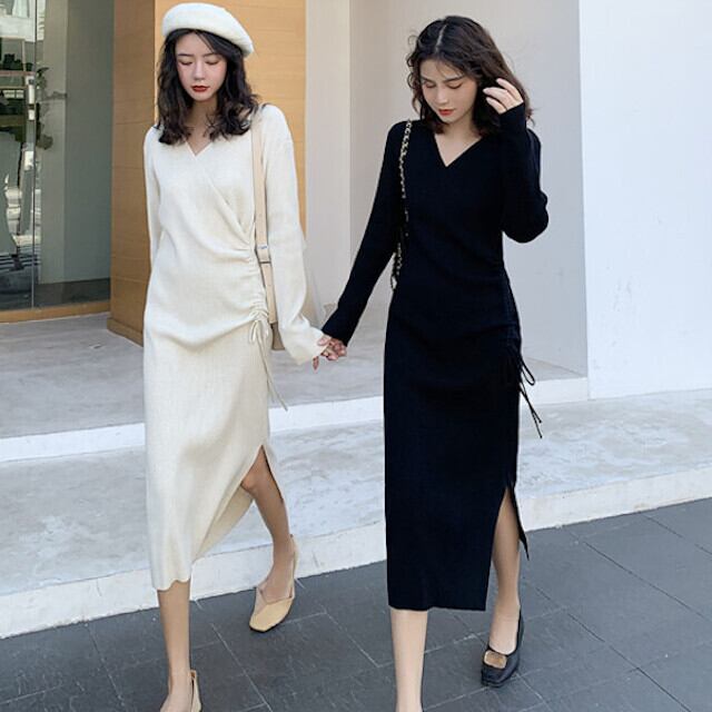 ワンピース レディース ロングワンピ ニットワンピ Vネック カシュクール くびれ ミモレ丈 シンプル スリット セクシー ベーシック リブ アプリコット/ブラック S/M/L/XL