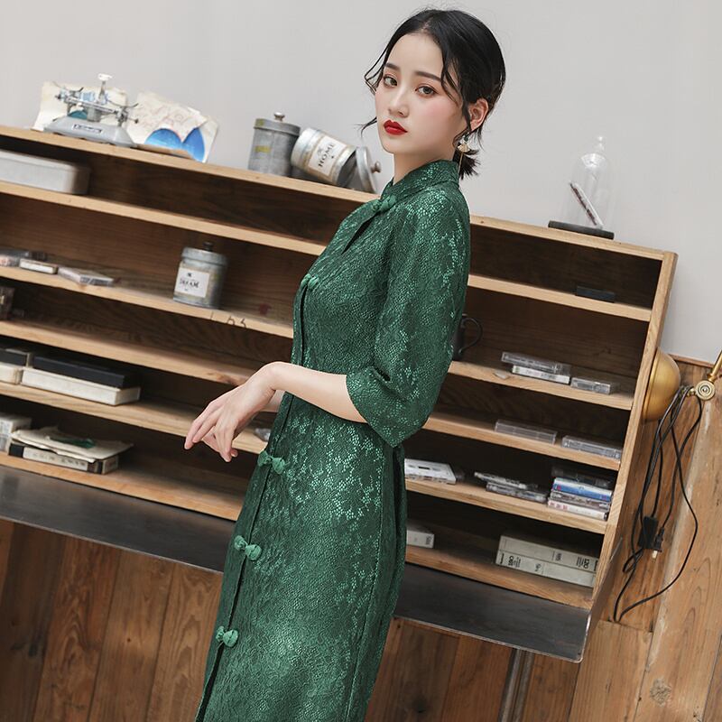 ロング丈チャイナドレス レースチャイナドレス チャイナ風ワンピース チャイナ風服 中華服 二次会 女子会 同窓会 スタンドネック 五分袖 大きいサイズ S M L Ll 3l 4l 4l 上品 エレガント グリーン 緑 Dresszone