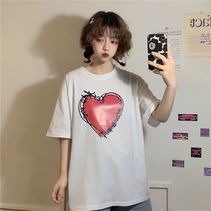 tops】Tシャツハート柄プリント韓国系ラウンドネック気分転換