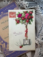 アンティークポストカード 薔薇と白鳩 トピアリー 1910年 Bonne fete エンボス フランス 額装 インテリア 撮影小物