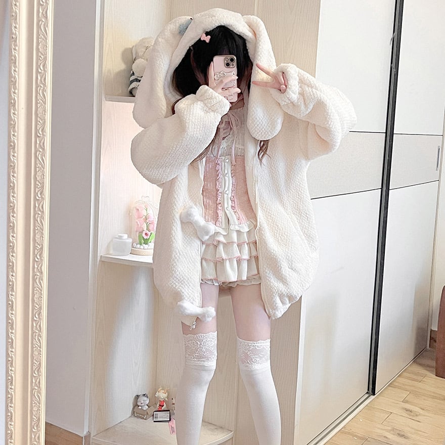 ☆【YukoAsaki】白パーカー（印刷あり）、アニマル帽子熊&うさぎ☆ ゴスロリ通販 With U カーディガン フリース パーカー うさみみ