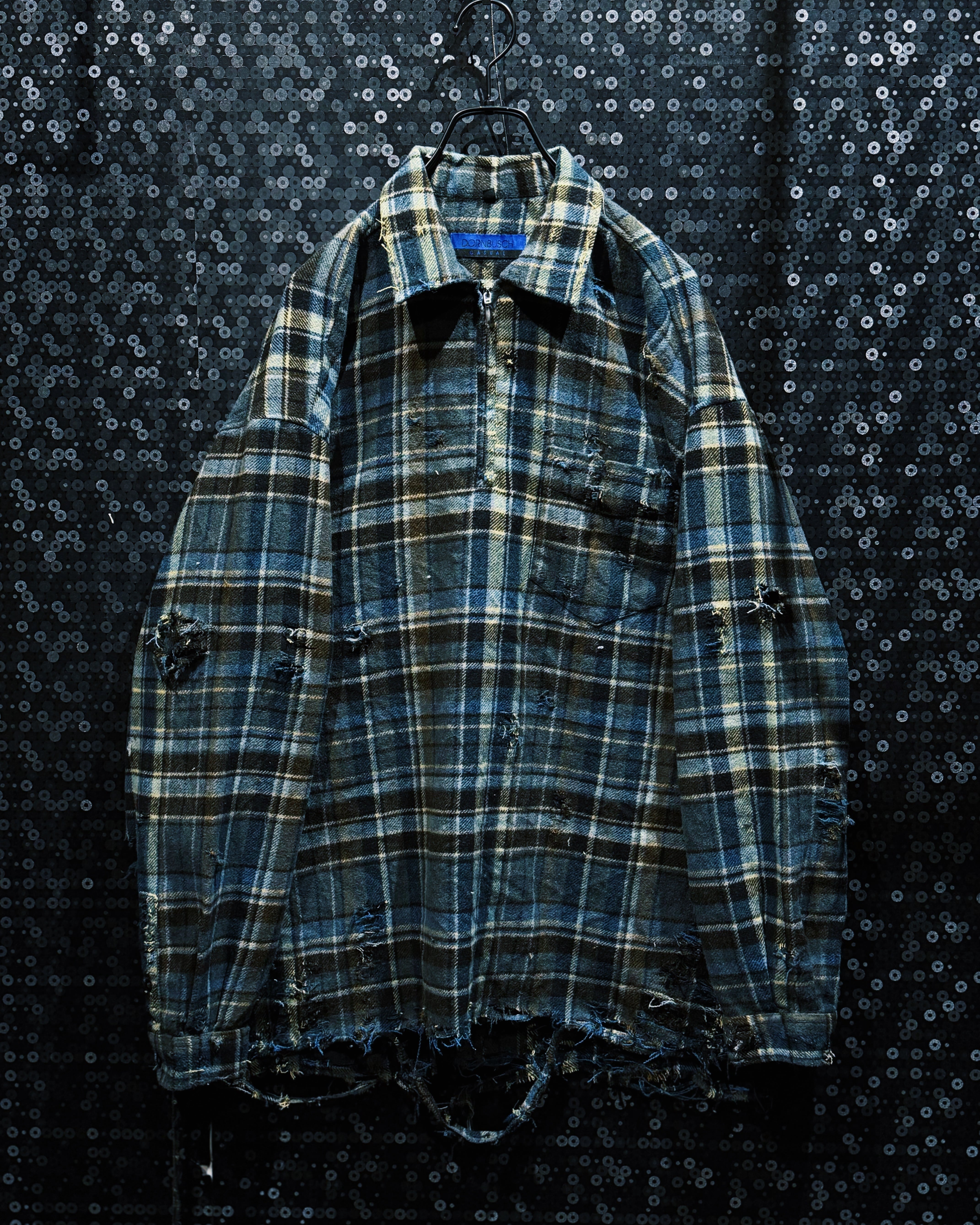 【ÆIEM】original”boro”remake”blue tone check half-zip flannel shirt”