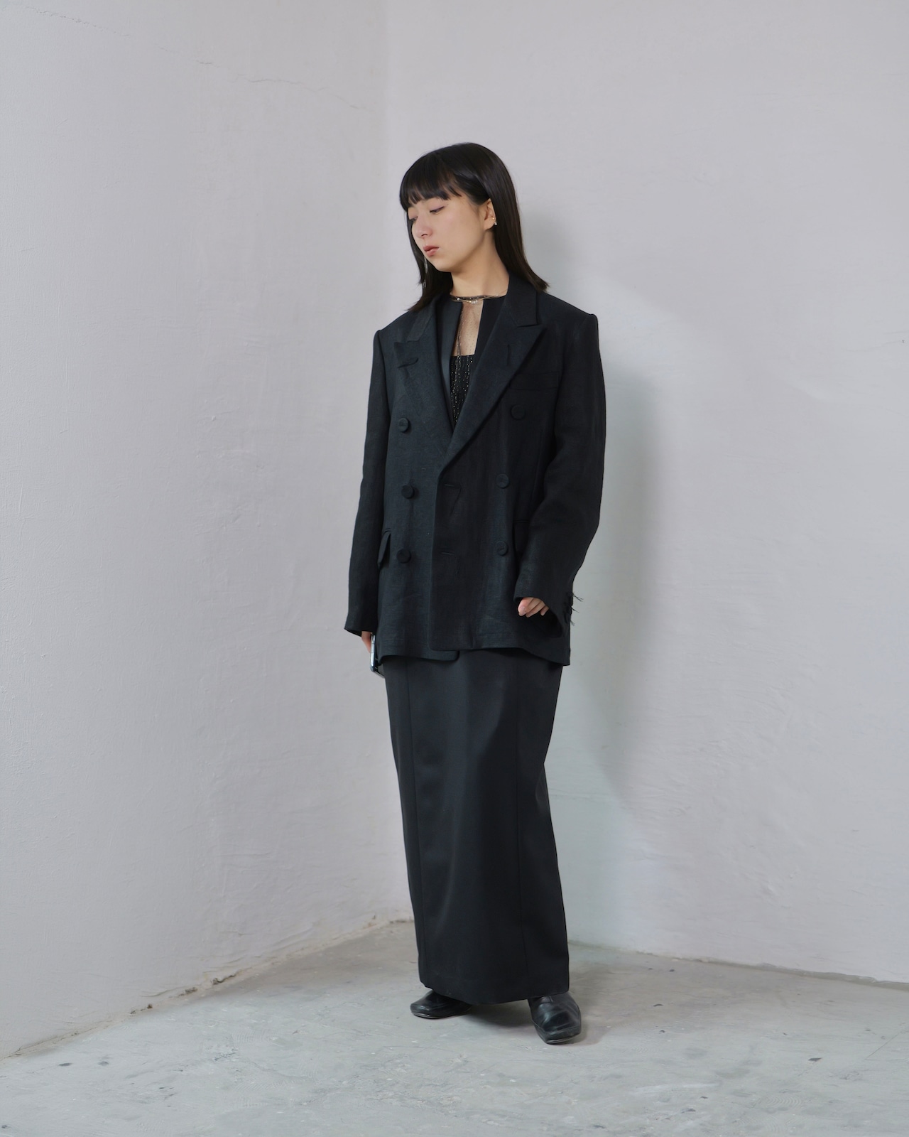 i’m here - GRANDPA Linen Jacket :Black|ダブルブレスト/立体3面ドッキング/“だまし絵”の前立て