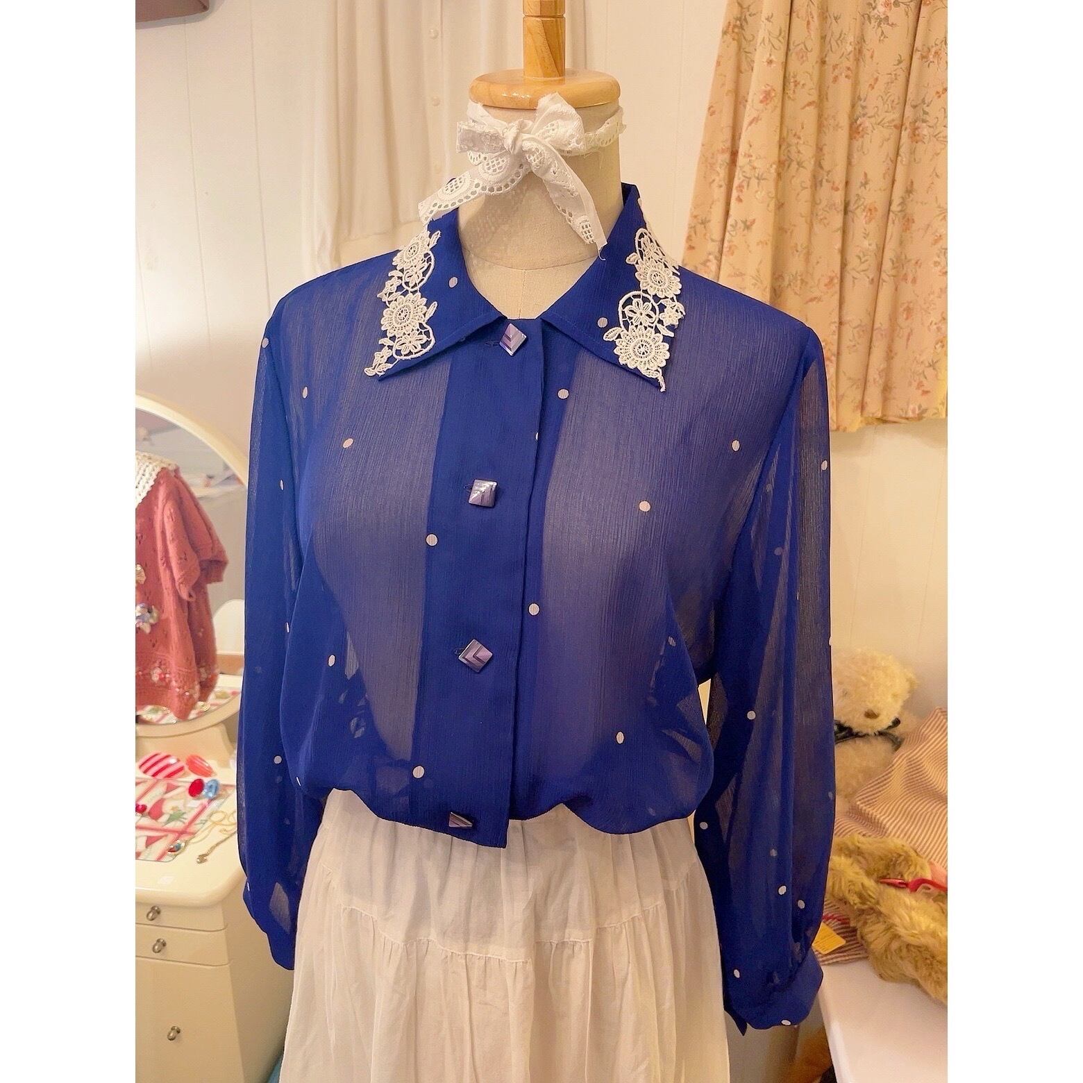 white dot royal blue sheer blouse
