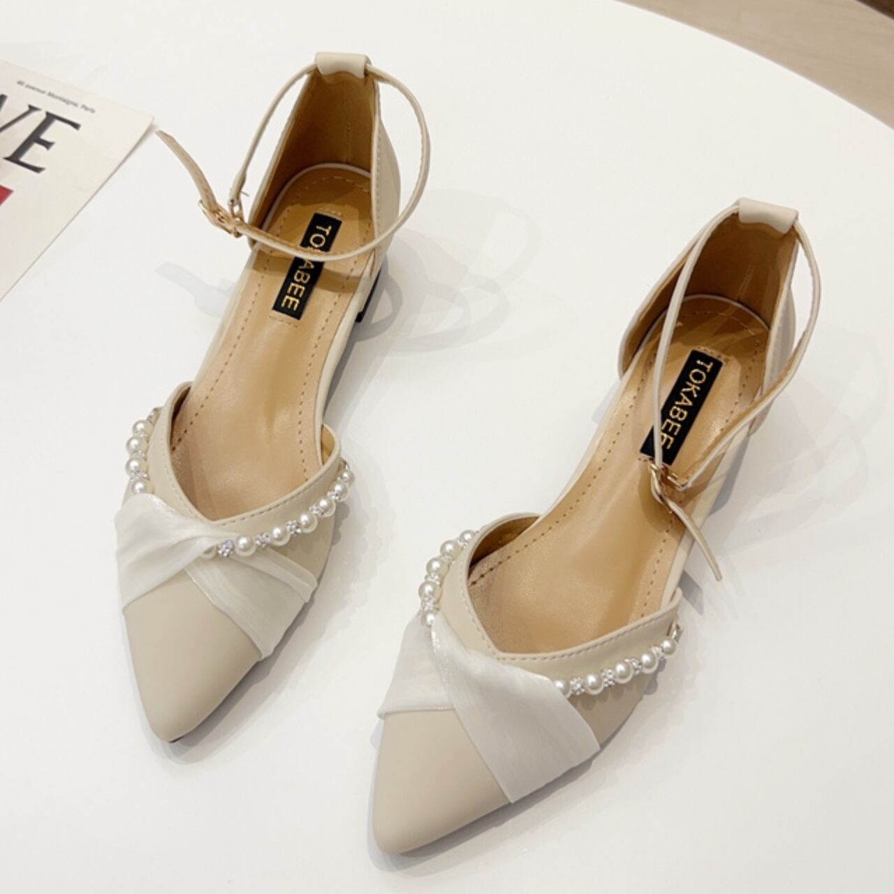 パール 大人リボン ベルトパンプス-アプリコット