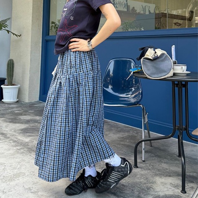checkered pattern tiered long skirt　チェック柄ティアードロングスカート　J2072