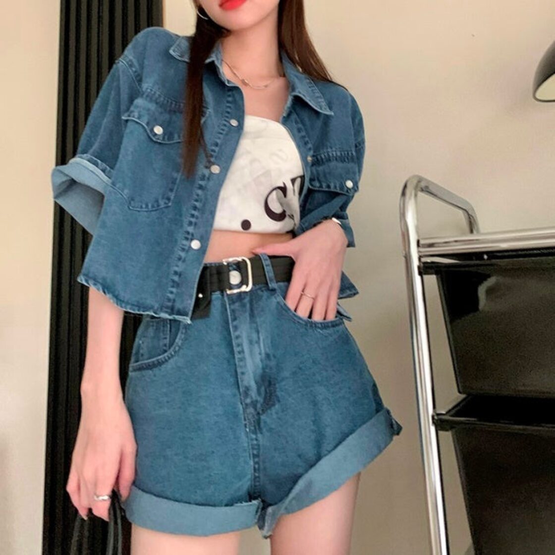 デニム セットアップ レディース ショートパンツ 半袖 シャツ 