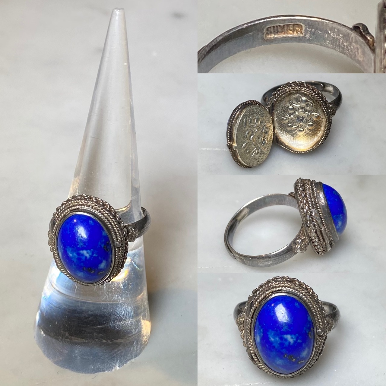 vintage silver poison ring set with lapis lazuli