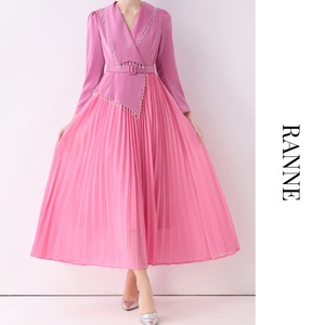 Pleated V-neck Dress　a0143