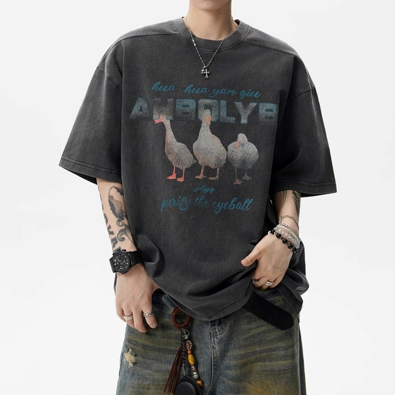 ビンテージライクダックグラフィックプリントTシャツ 1col   A00334