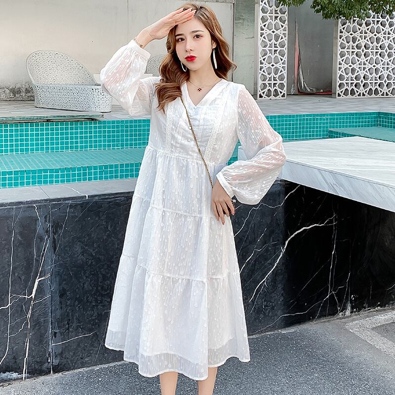 【新作】【送料無料】 マタニティウェア2020秋と冬の新しいシフォンステッチVネックドレス小さな新鮮なミドル丈ドレス妊婦-アリババ オータム 秋物 ウィンター 冬物 expec238616237709