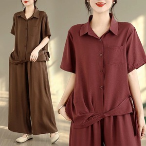 SOLID HALF SLEEVES DESIGN SHIRT & WIDE LEG PANTS SUIT 2pieces 3colors M-16585
