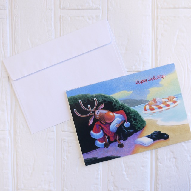 ★ハワイ直輸入★ ハワイ クリスマスカード／Mele kalikimaka card/手紙 レター カード お礼状 ＜Santa Bares All＞服を脱いで浮かぶサンタと片付けるトナカイ