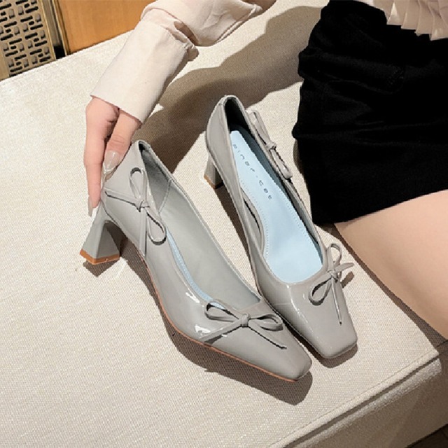 シューズ マリージェーン 2色展開 ブロックヒール 蝶結び ヌードベージュ色 グレー 6CM