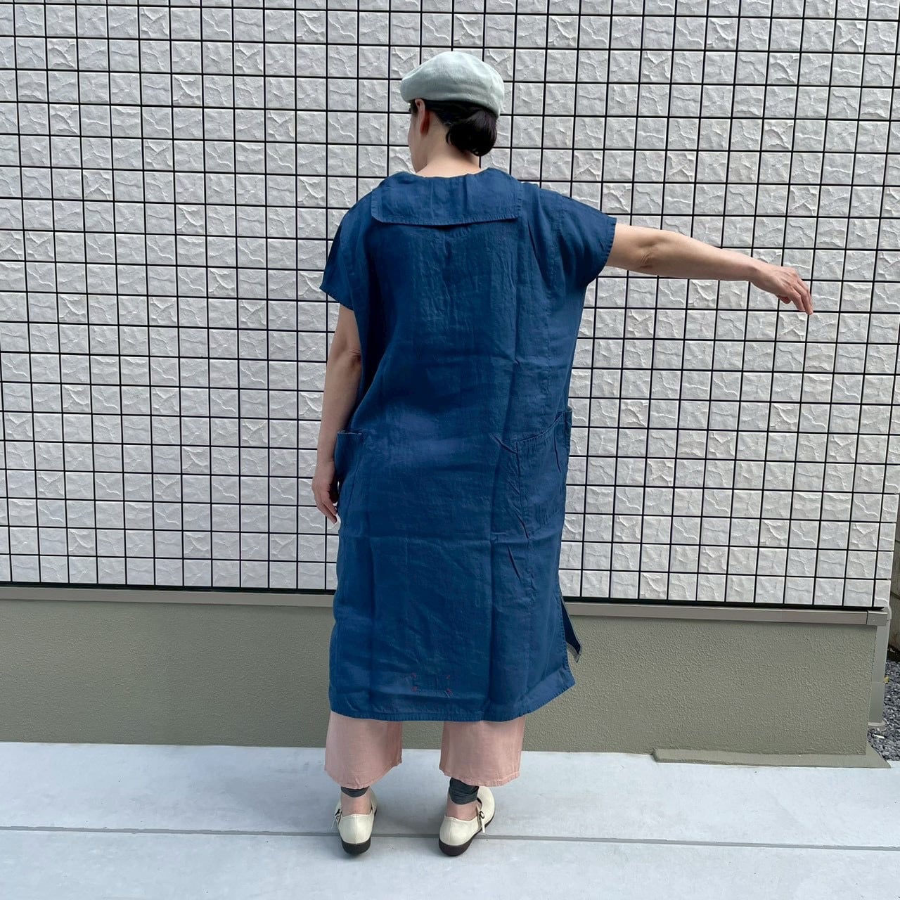 斜めポケ脇切り替えワンピース 初秋まで着られるリネン 62OP32 サイズF