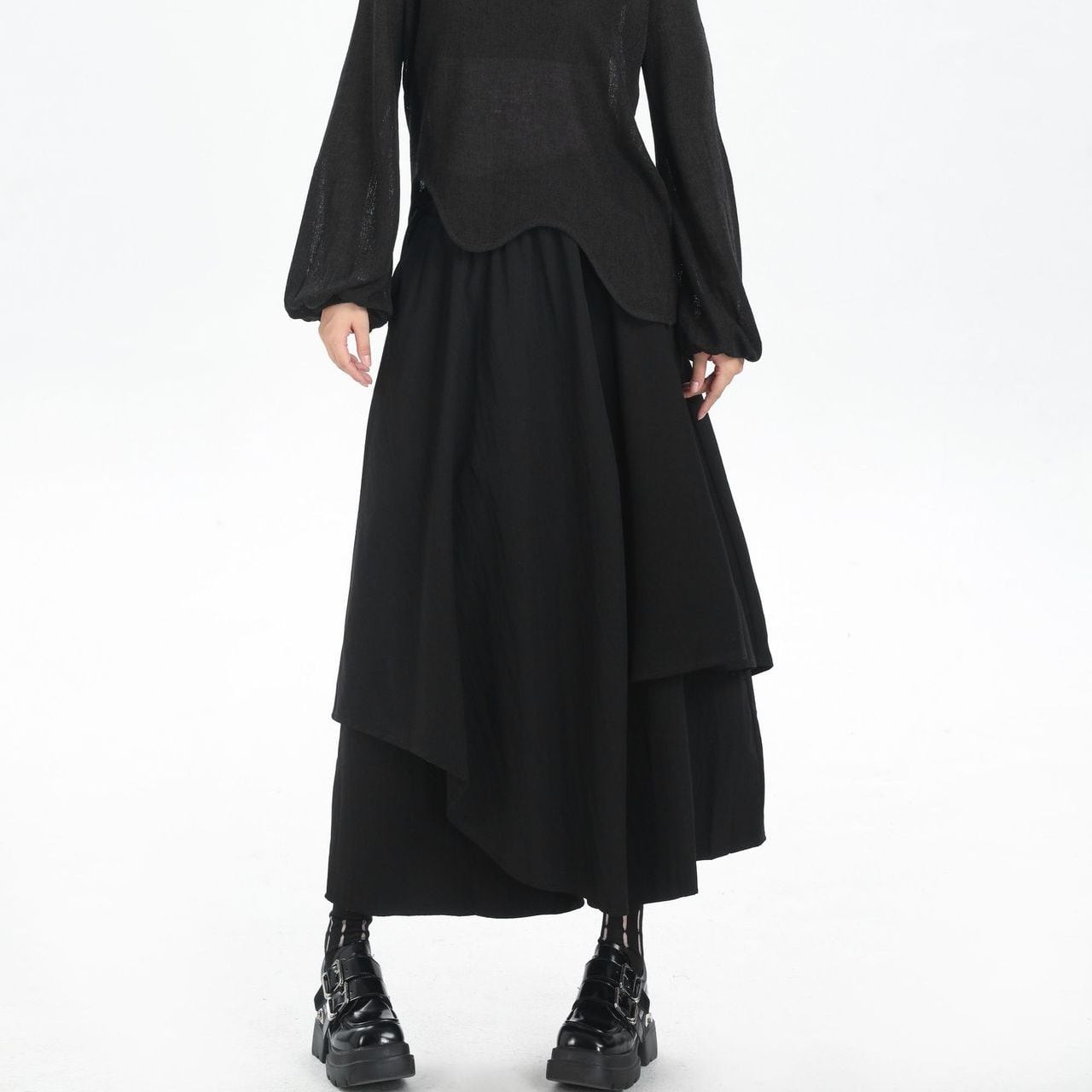 BLACK ELASTIC WAIST WIDE LEG CROPPED DESIGN PANTS 1color M-14574