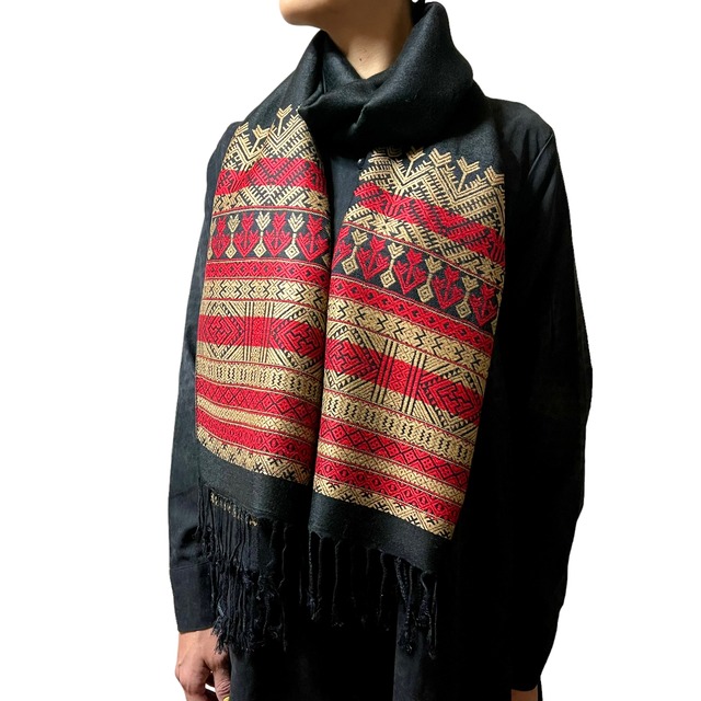 パシュミナストール　幾何学模様_ブラウン/ブラック/ターコイズ