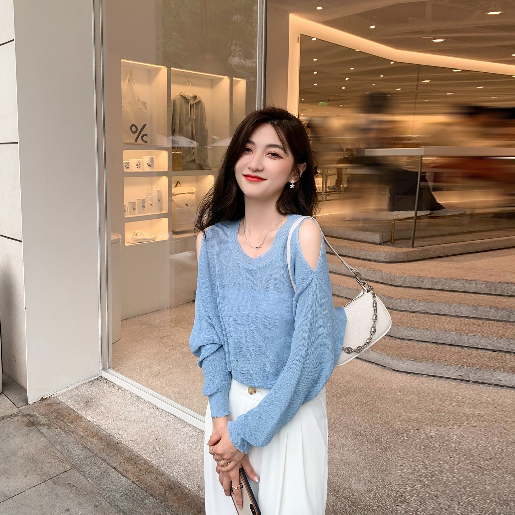 薄手セーター サマートップス ロング 大人ガーリー スウィート キュート カジュアル 夏物 オフショルダー 6Du_Shop_Women24883711210