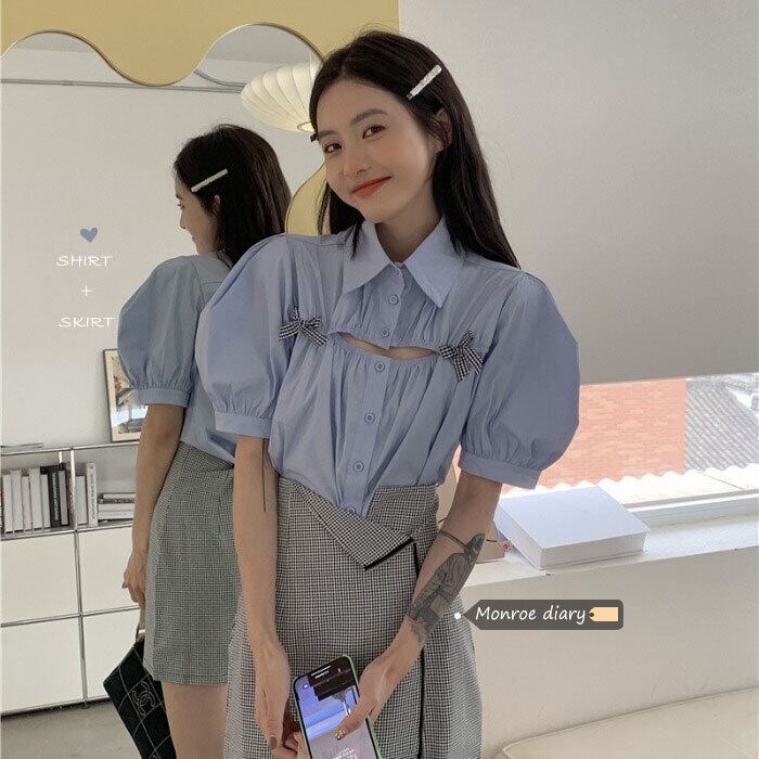 ブルースリーブブラウス ショートシャツ サマー 夏物 モンロー74928927655
