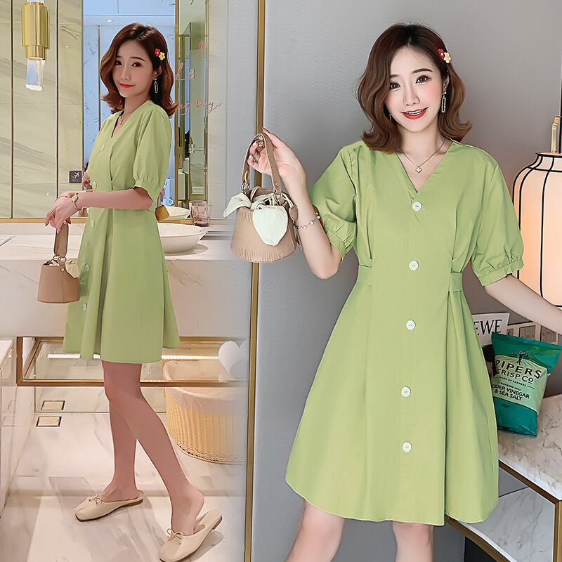 【新作】【送料無料】 2020スタイルのマタニティ服VネックドレスサマーウェアレトログリーンPlatycodonGrandiflorumスカートマママタニティドレス 夏物 AL expec372524385222