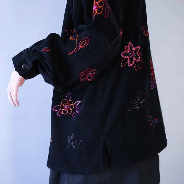 "刺繍×葉花" loose silhouette black fake suede shirt