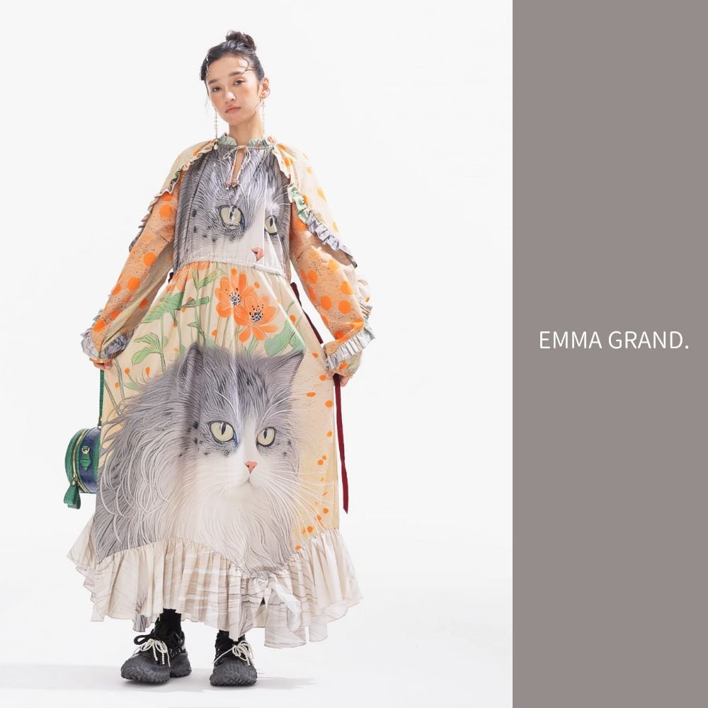 ノルウェージャンフォレストキャットのレトロデザインワンピース