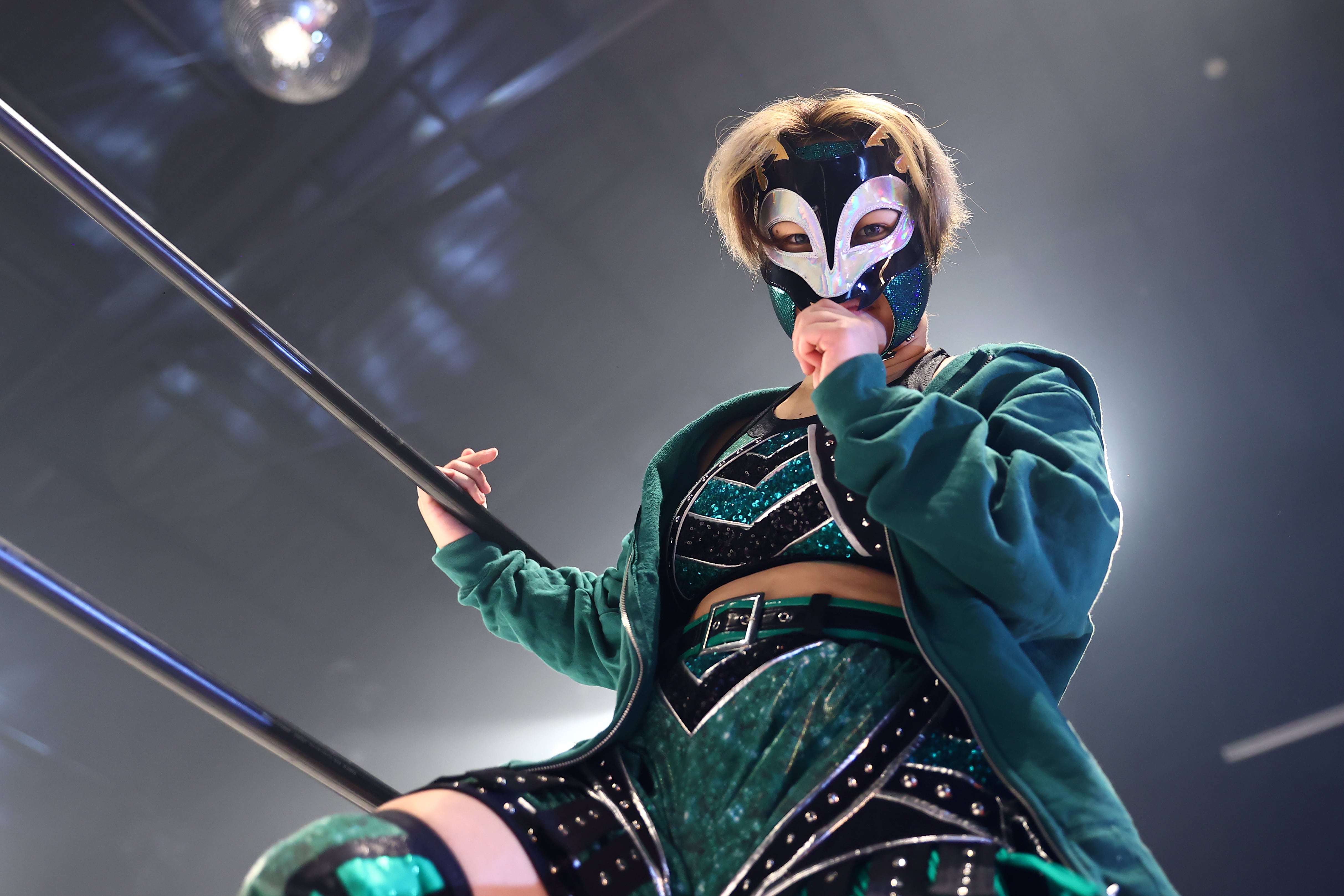 狐伯／プロレスマスク／試合用マスク／本人着用 緑色、リクラ