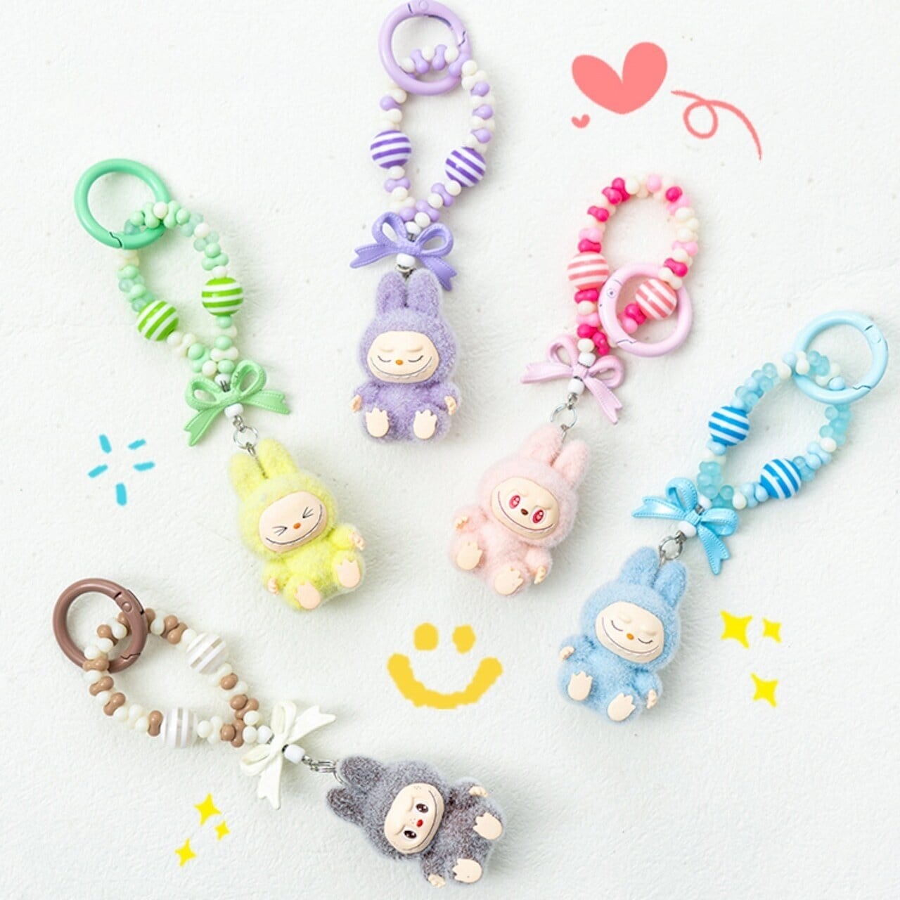 【50%OFF 割引】モケモケ ラブブ キーホルダー - マルチチェーン付き バッグ&車用 リボンアクセ