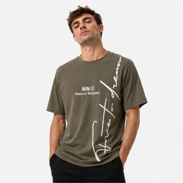 カーキ 文字プリント 半袖Tシャツ ストレッチ【フランスインポート