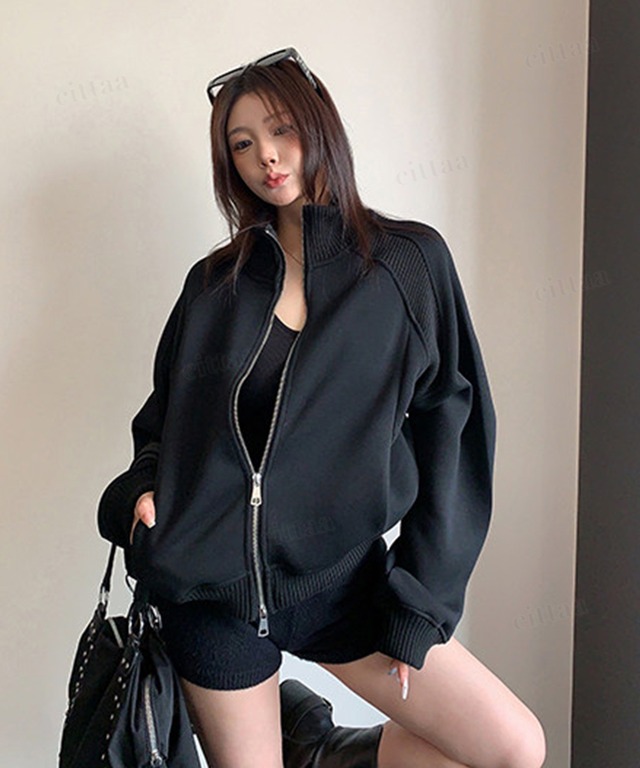 ★予約★D-1383　2026秋新作♡ダブルジップリブ切り替えショート丈ラグラントラックジャケットブルゾン　ブラック