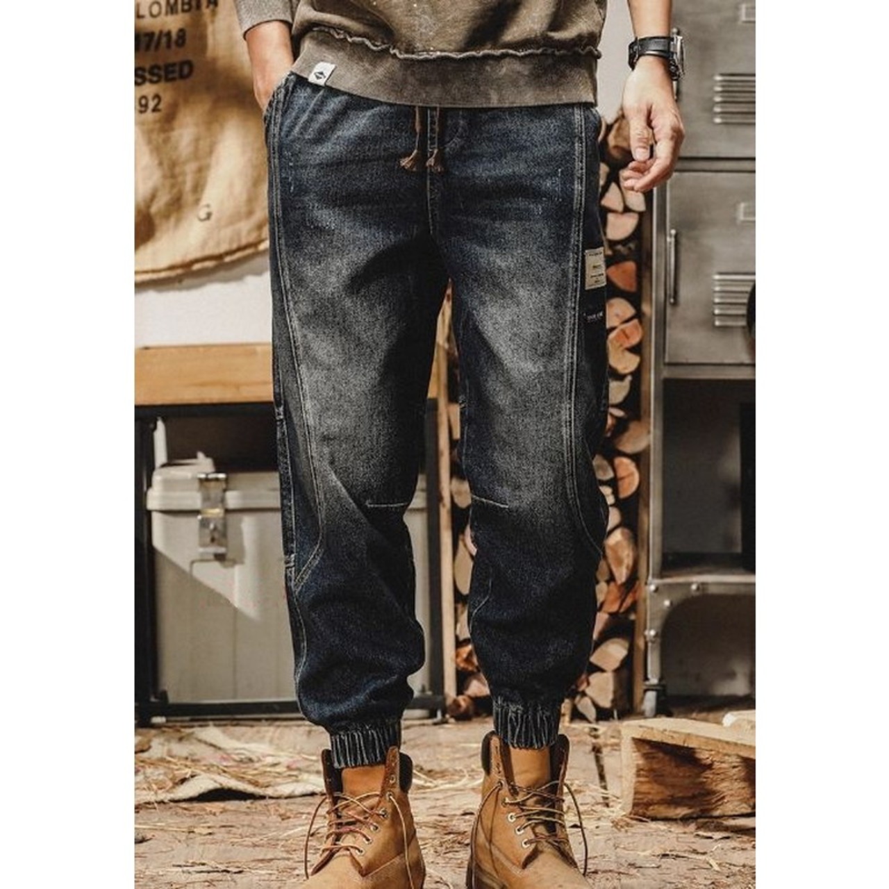 Vintage Processed Denim Material Tapered Silhouette Jogger Pants ◇2color H0785