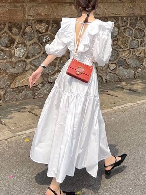 Airy Frill Back Ribbon Maxi Dress*S-709