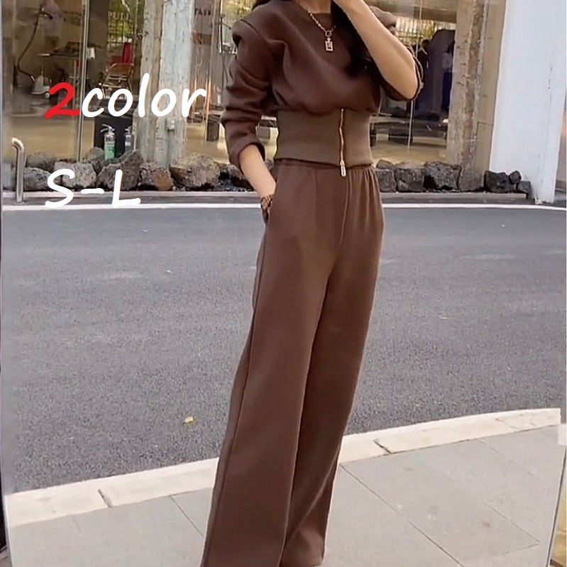 セットアップ レディース トップス ボトムス パンツ ワイド 長袖 クロップド クロップド丈 ショート ショート丈 ジッパー ジップ 部屋着 ストリート 10代 20代 30代 ブラック モカ 黒 春 秋 日常使い 普段着 普段使い 大人 コーデ コーディネート 韓国 ファッション オルチャン お取り寄せ 送料無料 hll-0548