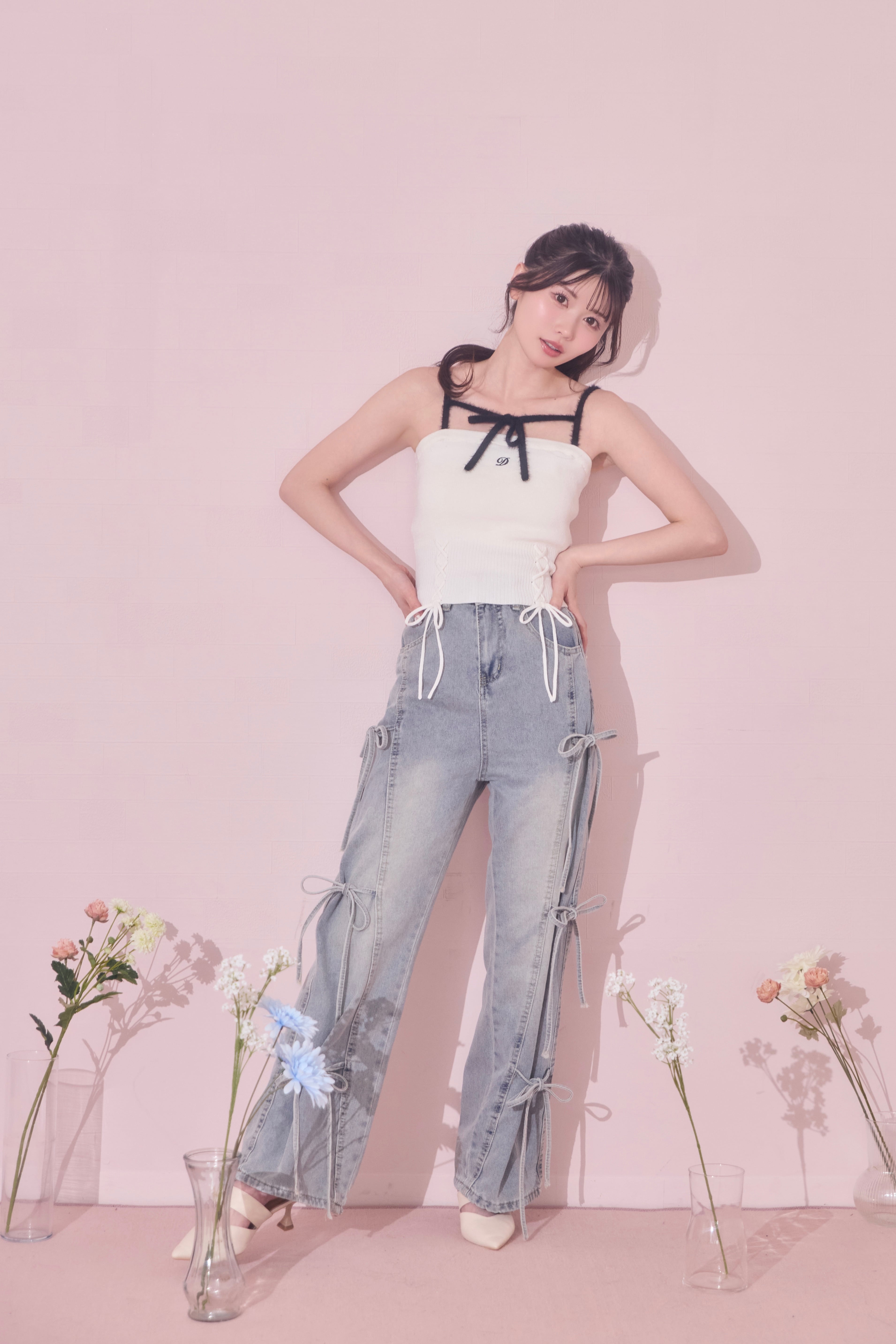 bi-color ribbon knit cami(white) | Désir et Raison
