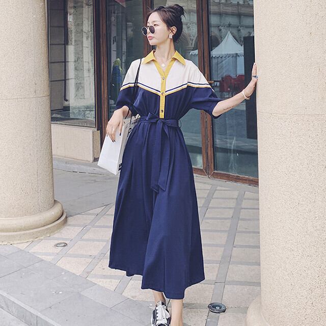 ワンピース レディース ロングワンピ マキシ丈 レトロ シフォン かわいい おしゃれ ネイビー 配色 S/M/L/XL