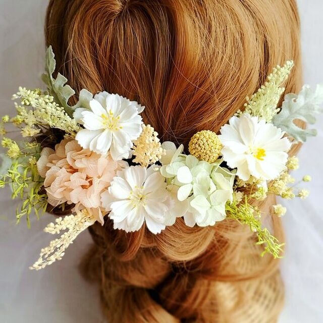 ほんのりピンク コスモス 髪飾り 結婚式 成人式 ドライフラワー 造花 Niji Wedding 手作り ブーケ 髪飾り 花冠の通販