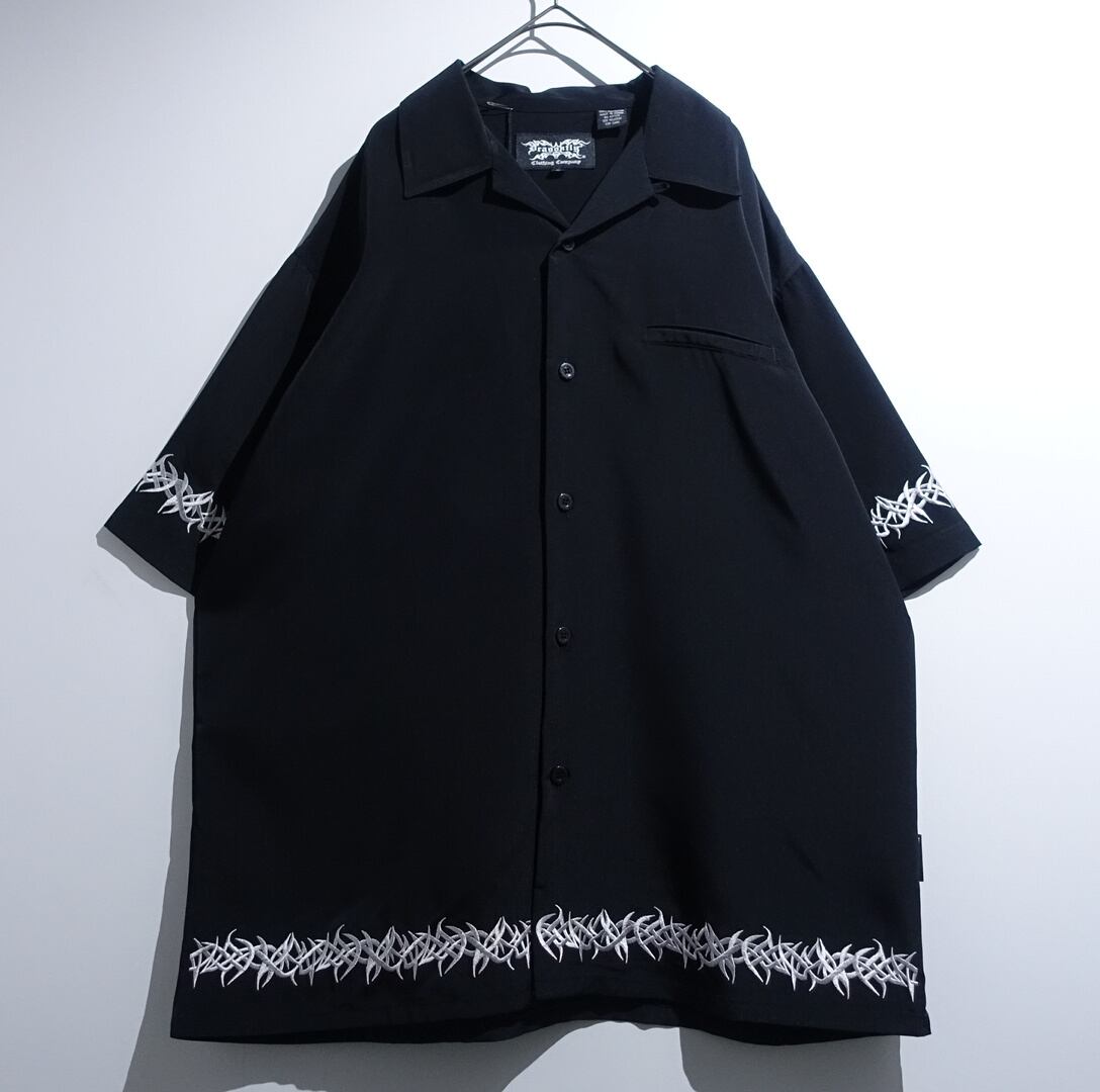 Black Tribal Embroidery Design Open Collar Shirt