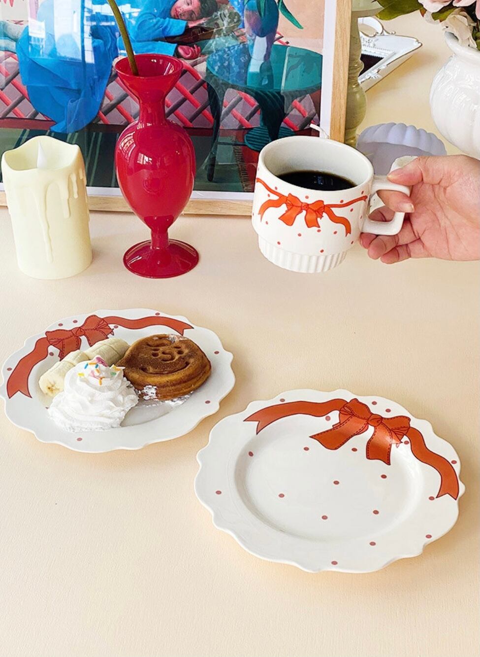 ribbon dot mug plate set / リボン ドット マグカップ プレート