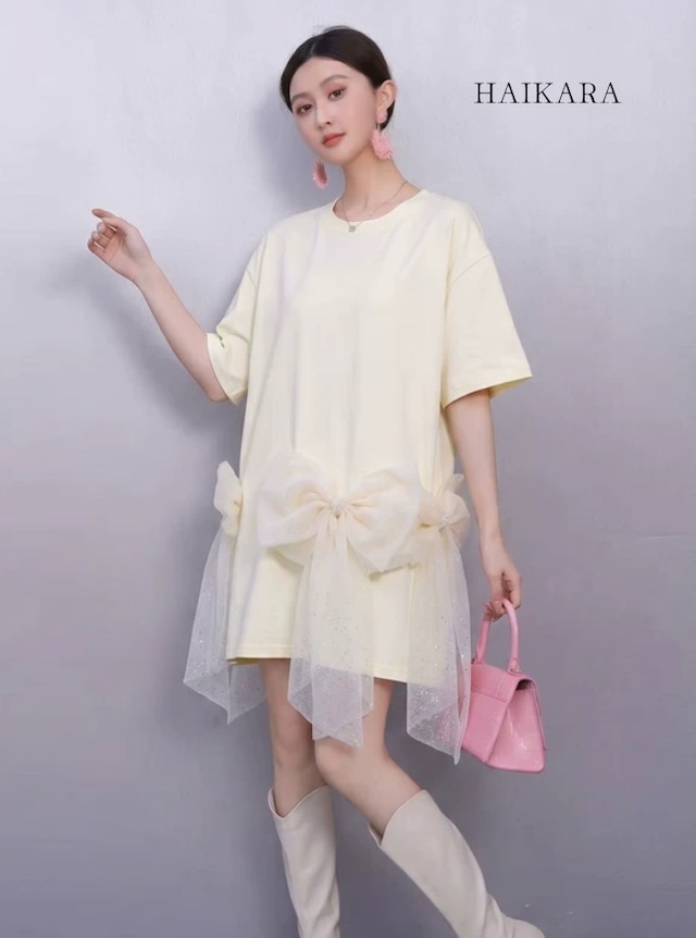 立体チュールリボン グリッターシアーラメ ドッキングTシャツワンピース