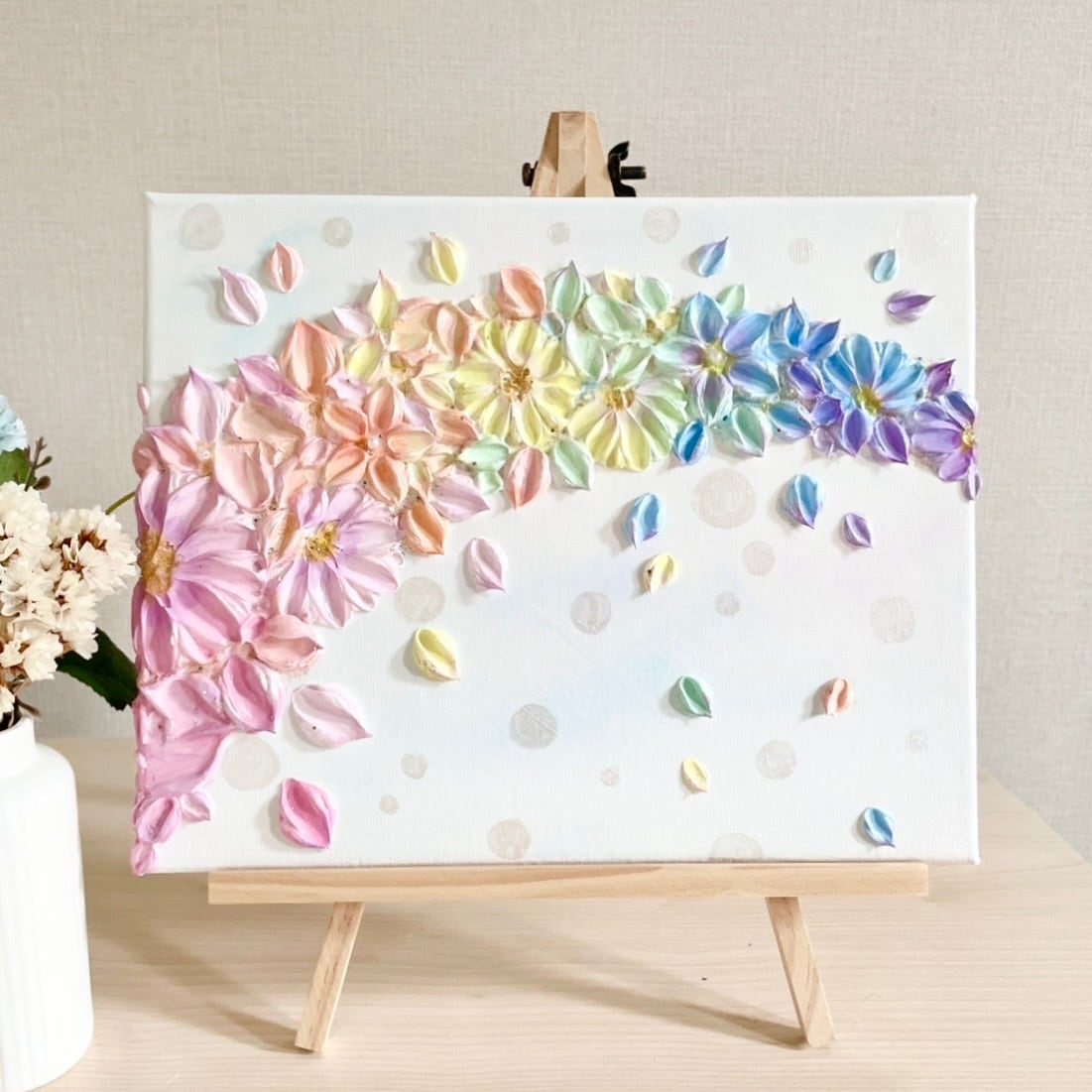 「七色に咲く」22×27.3㎝　玄関インテリア　花のテクスチャーアート　虹 七色に咲く」22×27.3㎝ 玄関インテリア 花のテクスチャーアート 虹