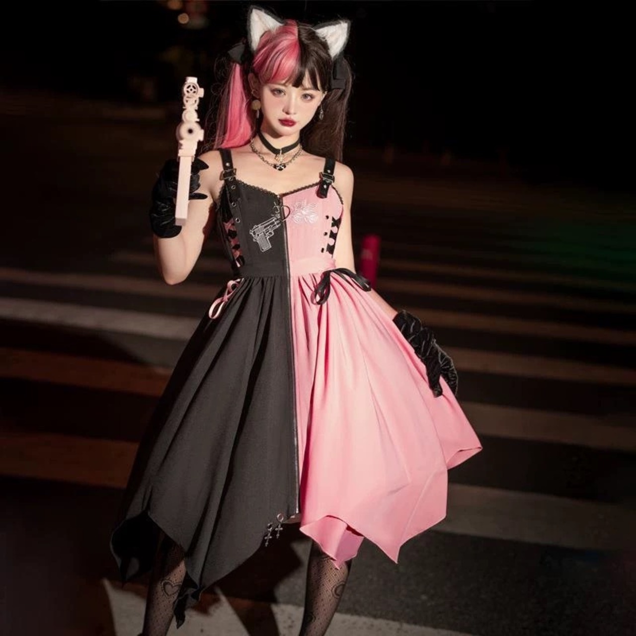 ワンピース ピンク キャミ キャミソール ドレス コスプレ 原宿 黒 