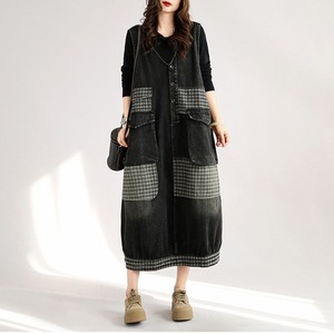 CHECKERED PANEL V-NECK SLEEVELESS MIDI DRESS M-18766