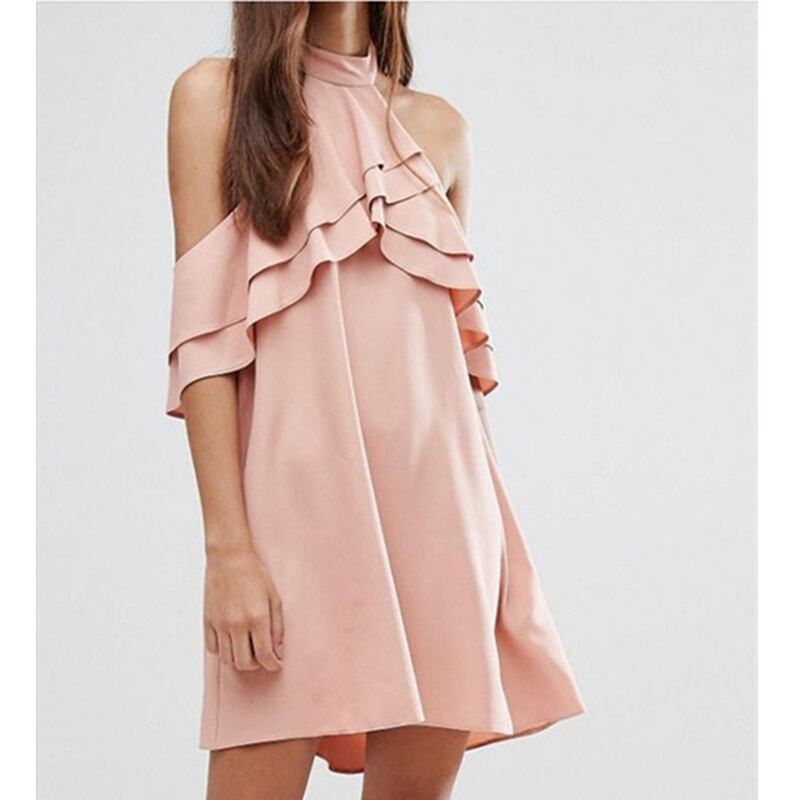 ホルターネック フリル フレア 無地 ワンピース