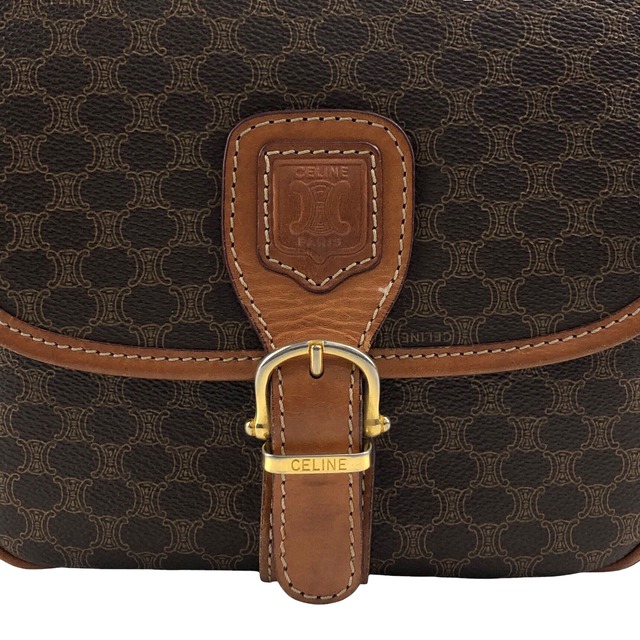 CELINE セリーヌ マカダム ショルダーバッグ ブラウン ブラゾン型押し PVCレザー フロントバックル vintage ヴィンテージ オールド tp4xhg